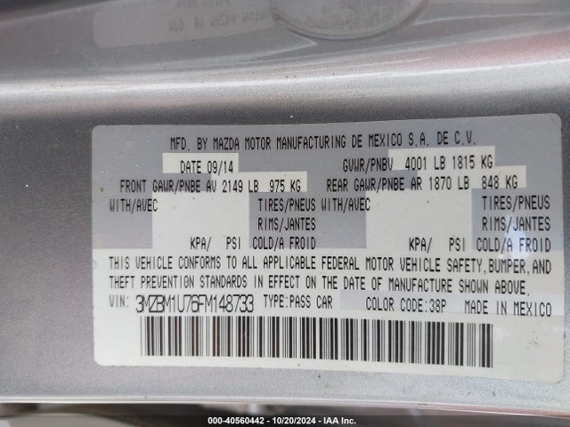 Mazda Mazda3 I Sport 2015 3MZBM1U76FM148733 Image 9