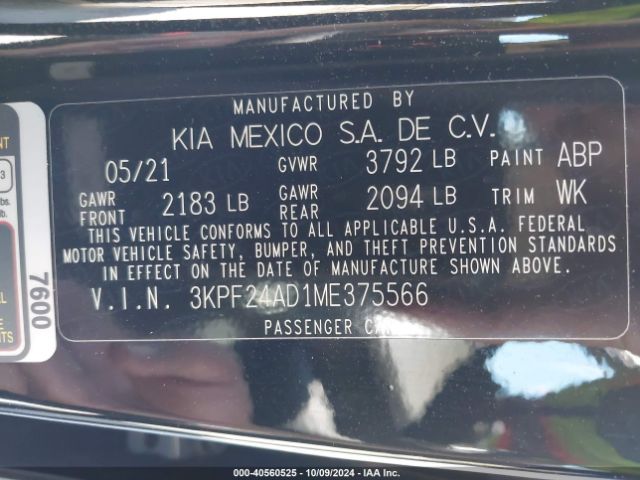 3KPF24AD1ME375566 KIA FORTE FE