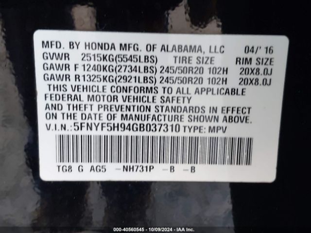 5FNYF5H94GB037310 Honda Pilot Touring