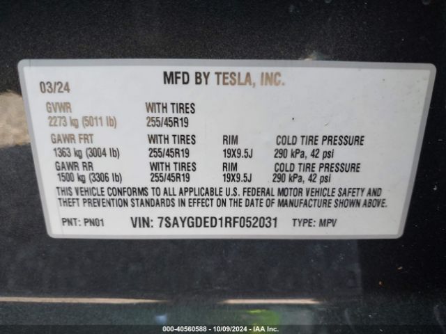 7SAYGDED1RF052031 Tesla Model Y Long Range/rwd