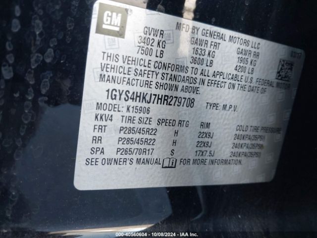 1GYS4HKJ7HR279708 Cadillac Escalade Esv Luxury