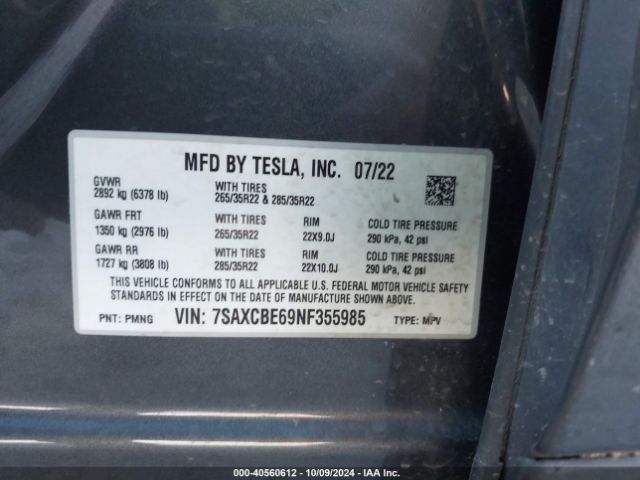 7SAXCBE69NF355985 Tesla Model X Plaid Tri Motor All-wheel Drive
