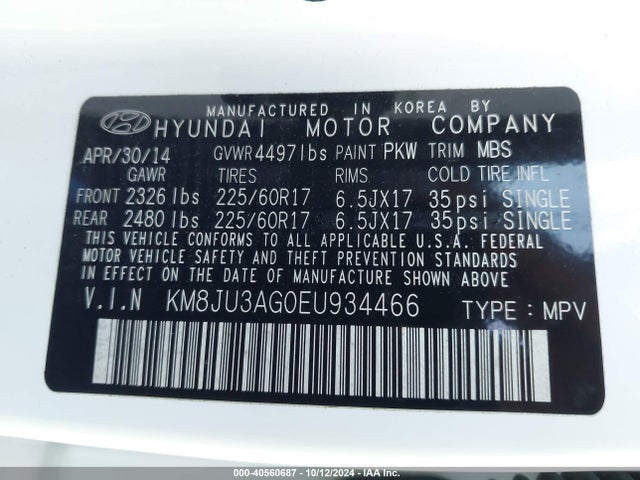 Hyundai TUCSON SE 2014 KM8JU3AG0EU934466 Image 9
