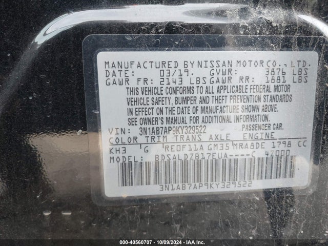 Nissan SENTRA SV 2019 3N1AB7AP9KY329522 Image 9