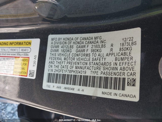 Honda Civic Ex /ex W/o Bsi 2023 2HGFE1F7XPH304319 Image 9