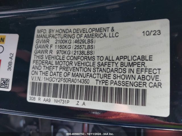 1HGCY2F50RA014350 Honda Accord Hybrid Sport
