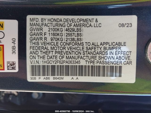 1HGCY2F62PA063345 Honda Accord Hybrid Ex-l