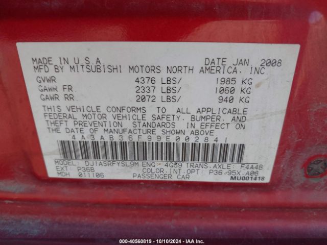 2009 MITSUBISHI GALANT 4A3AB36F99E002841 Photo 8