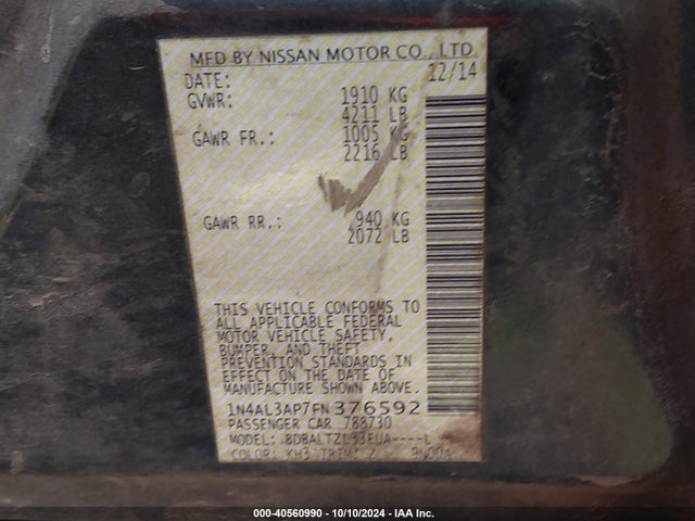 Nissan Altima 2.5 Sl 2015 1N4AL3AP7FN376592 Image 9
