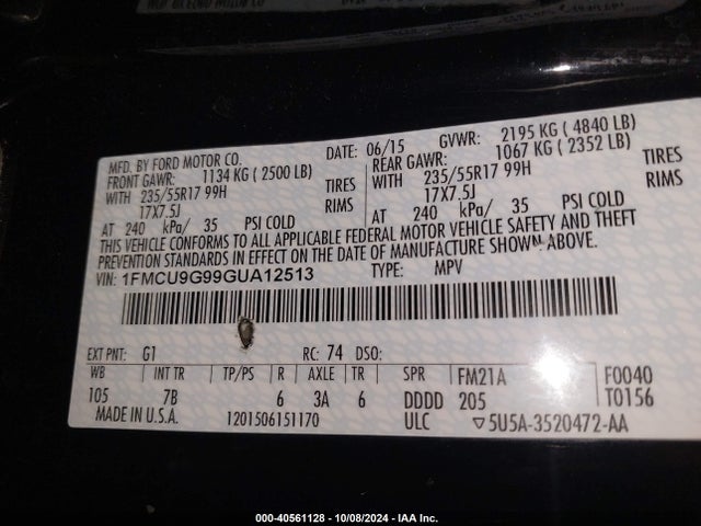 Ford ESCAPE SE 2016 1FMCU9G99GUA12513 Image 9