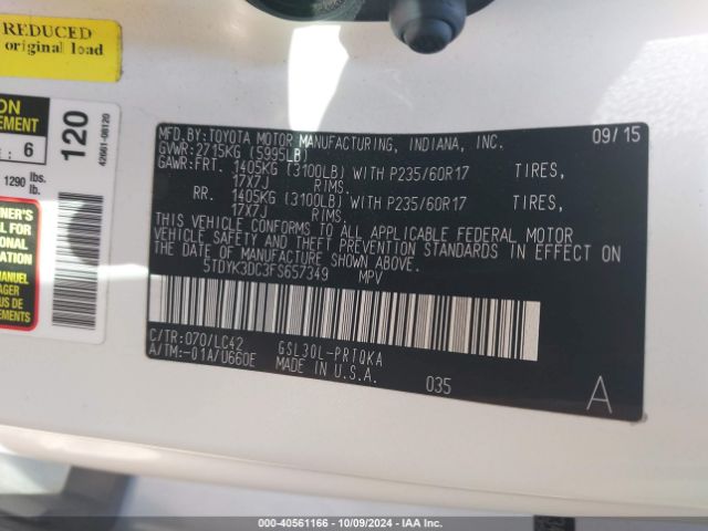 5TDYK3DC3FS657349 Toyota Sienna Xle 8 Passenger