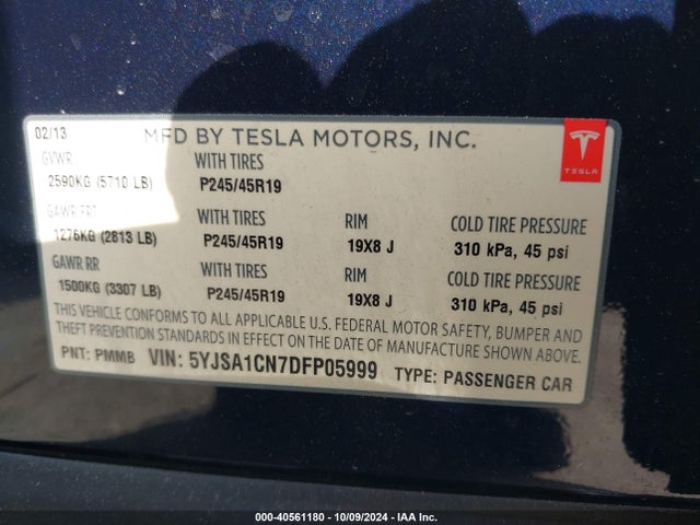 2013 TESLA MODEL S 5YJSA1CN7DFP05999 Photo 8