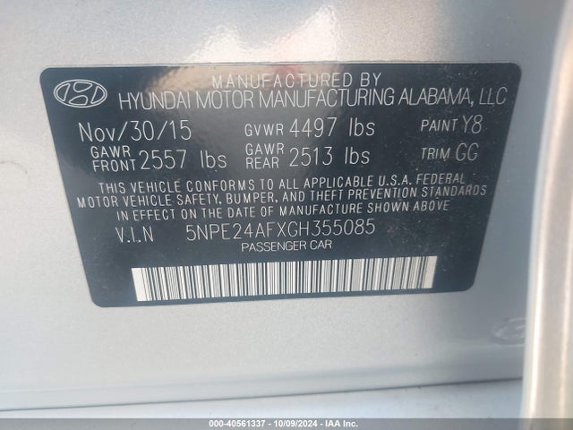 Hyundai SONATA SE 2016 5NPE24AFXGH355085 Image 9