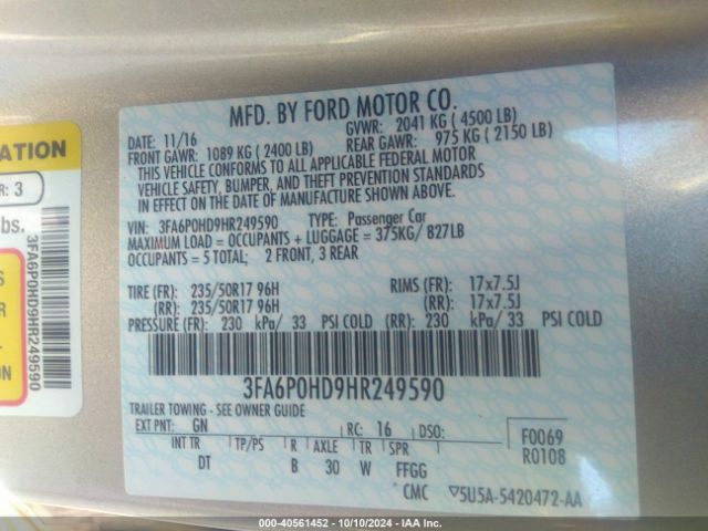 3FA6P0HD9HR249590 Ford FUSION SE
