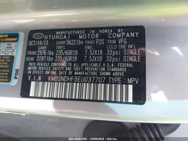 KM8SNDHF8EU037707 Hyundai Santa Fe Limited
