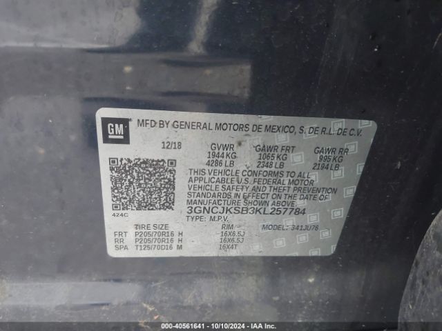 3GNCJKSB3KL257784 Chevrolet TRAX LS