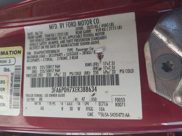 Ford FUSION SE 2014 3FA6P0H7XER388634 Image 9