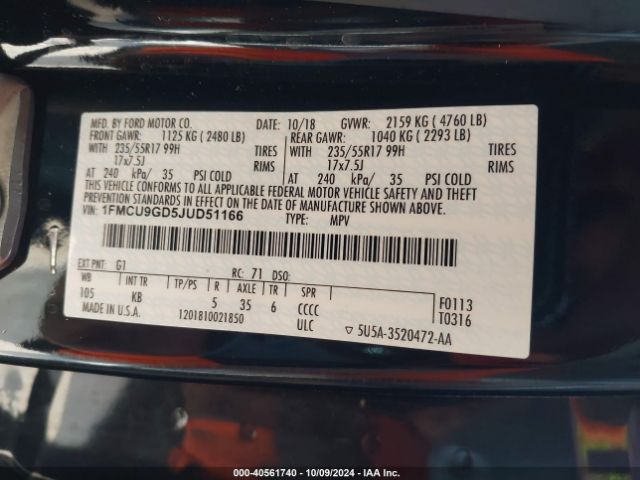 1FMCU9GD5JUD51166 Ford ESCAPE SE