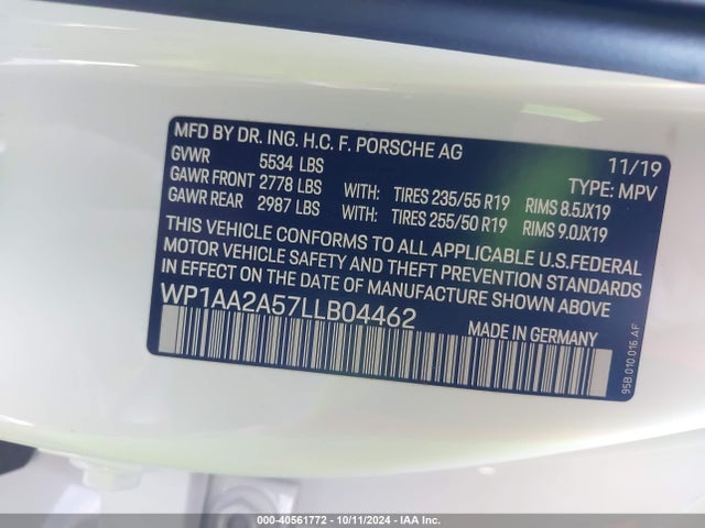 Продажа на аукционе авто 2020 Porsche Macan, vin: WP1AA2A57LLB04462, номер лота: 40561772