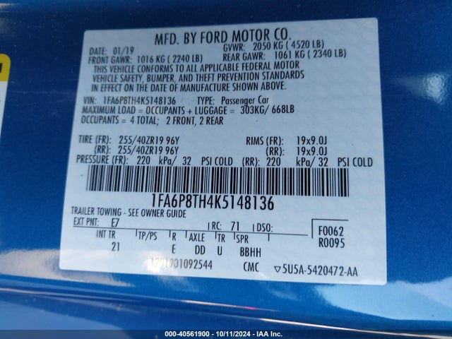 Ford Mustang Ecoboost 2019 1FA6P8TH4K5148136 Image 9