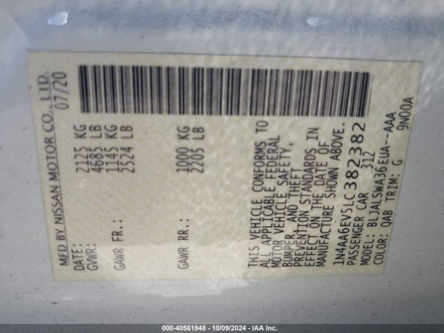 1N4AA6EV5LC382382 Nissan Maxima Sr Xtronic Cvt