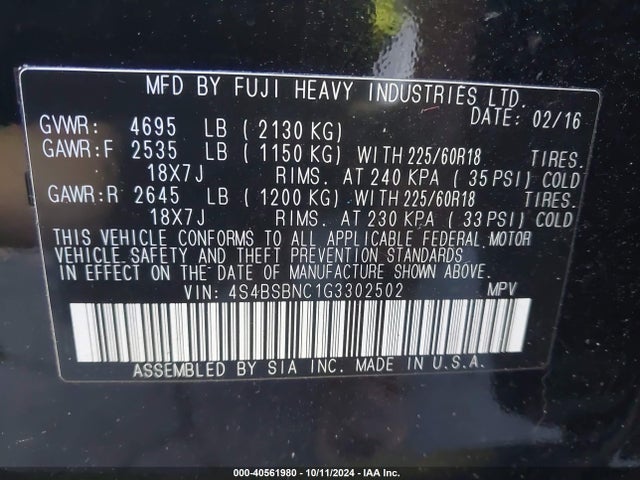 Subaru Outback 2.5i Limited 2016 4S4BSBNC1G3302502 Image 9