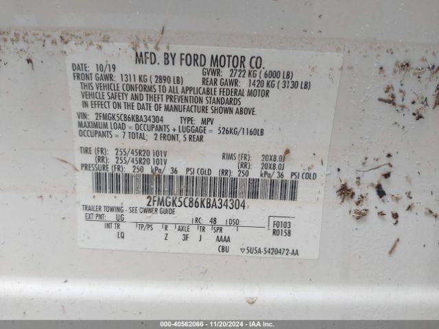 2FMGK5C86KBA34304 Ford FLEX SEL