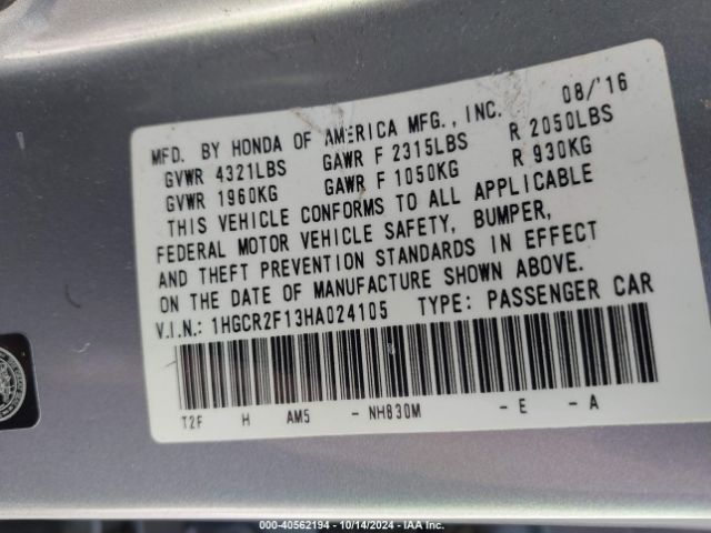 1HGCR2F13HA024105 Honda Accord Sport Se