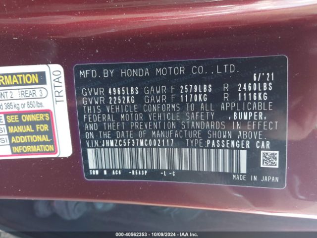JHMZC5F37MC002117 Honda Clarity Plug-in Hybrid Touring