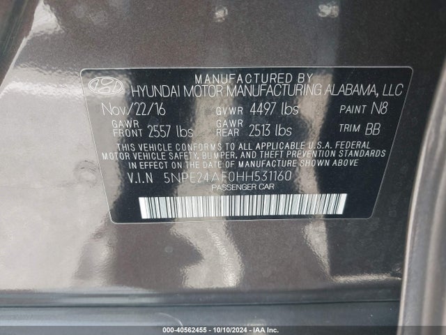 Hyundai Sonata 2017 5NPE24AF0HH531160 Image 9