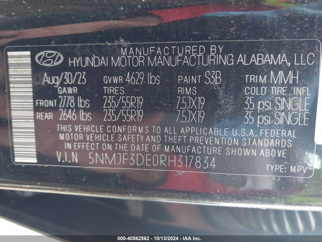 5NMJF3DE0RH317834 Hyundai TUCSON SEL