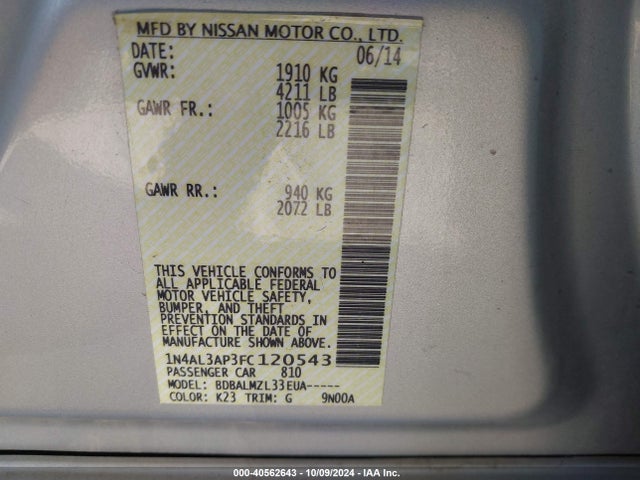 Nissan Altima 2.5 Sv 2015 1N4AL3AP3FC120543 Image 9