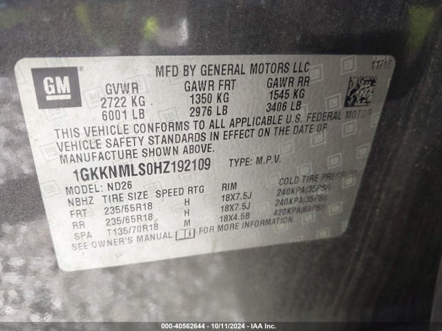 1GKKNMLS0HZ192109 GMC Acadia Slt-1