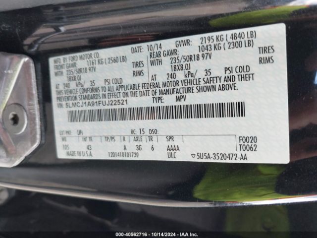 5LMCJ1A91FUJ22521 Lincoln MKC