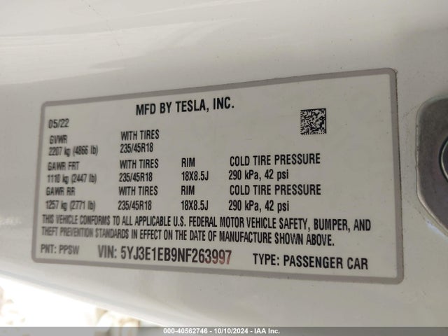 2022 TESLA MODEL 3 5YJ3E1EB9NF263997 Photo 8