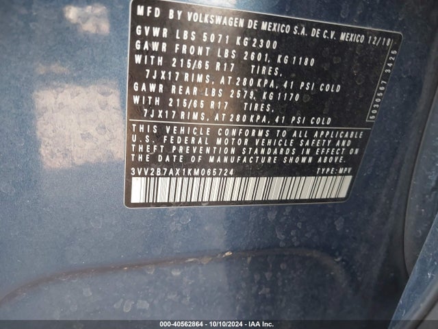 3VV2B7AX1KM065724 Volkswagen Tiguan 2.0t Se/2.0t Sel/2.0t Sel R-line/2.0t Sel R-line Black