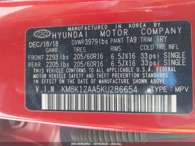 KM8K12AA5KU286654 Hyundai Kona Se