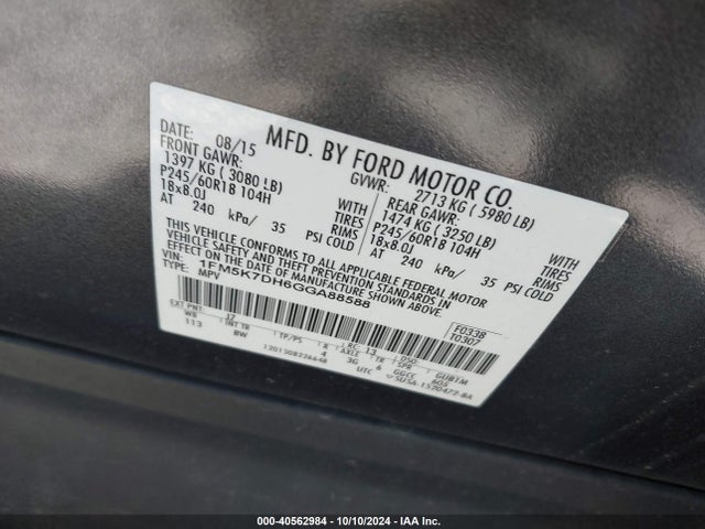 1FM5K7DH6GGA88588 Ford EXPLORER XLT