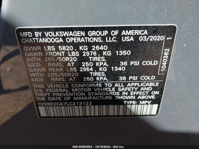 1V26E2CA7LC213122 Volkswagen Atlas Cross Sport 3.6l V6 Se W/technology/3.6l V6 Se W/technology R-line
