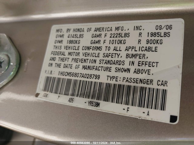 2007 Honda Accord 2.4 Ex მანქანა იყიდება აუქციონზე, vin: 1HGCM56807A028799, აუქციონის ნომერი: 40563098