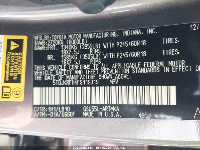 Toyota Highlander Xle V6 2015 5TDJKRFH4FS119319 Image 9