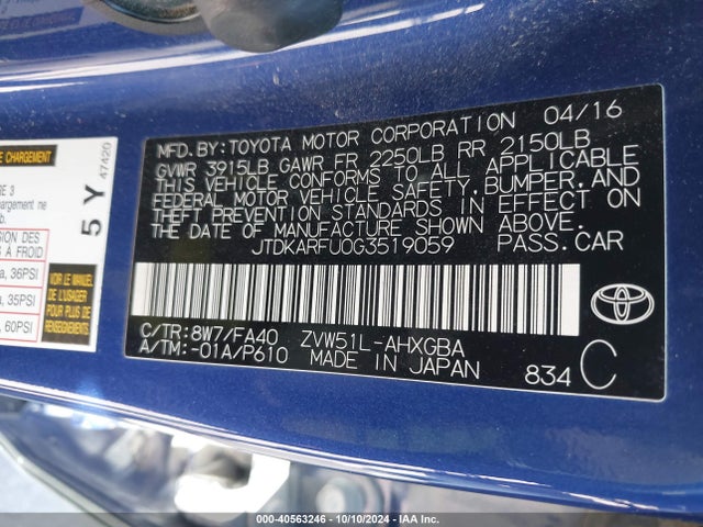 Toyota Prius Three 2016 JTDKARFU0G3519059 Image 9