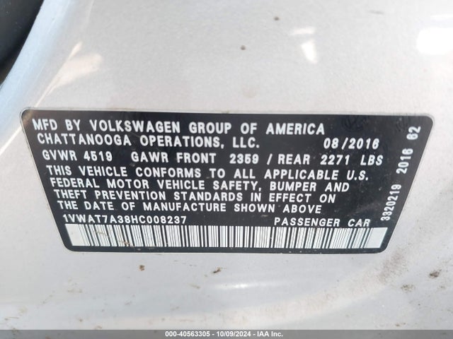 Volkswagen Passat 1.8t S 2017 1VWAT7A38HC008237 Image 9