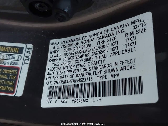 Honda Cr-v Ex-l 2015 2HKRM3H7XFH523715 Image 9