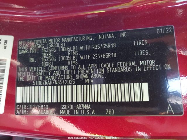 5TDGZRAH7NS542925 Toyota Highlander Xle