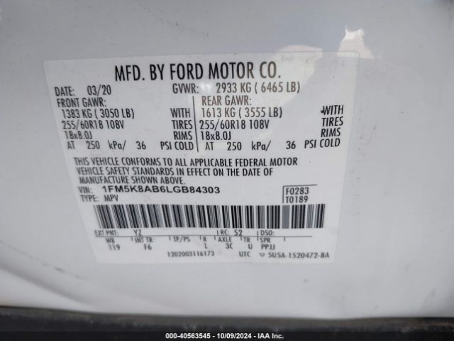 1FM5K8AB6LGB84303 Ford Police Interceptor Utility
