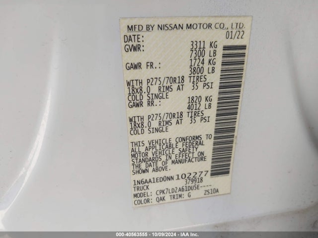 Nissan Titan Pro-4x 4x4 2022 1N6AA1ED0NN102277 Image 9