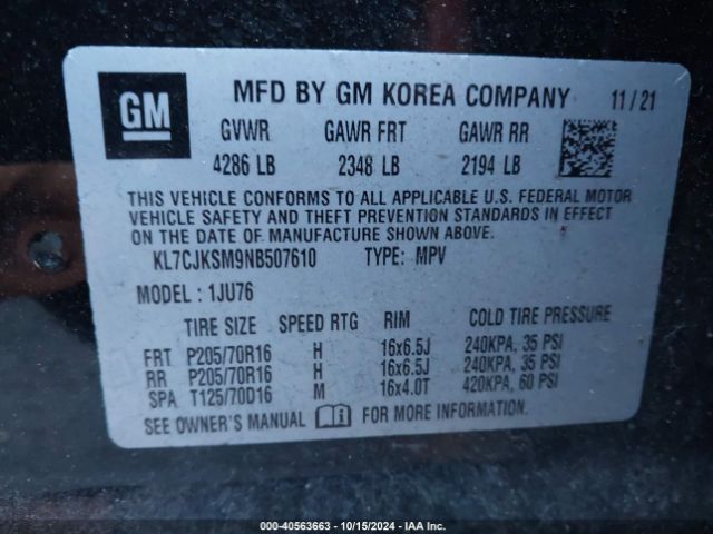 KL7CJKSM9NB507610 Chevrolet Trax Fwd Ls