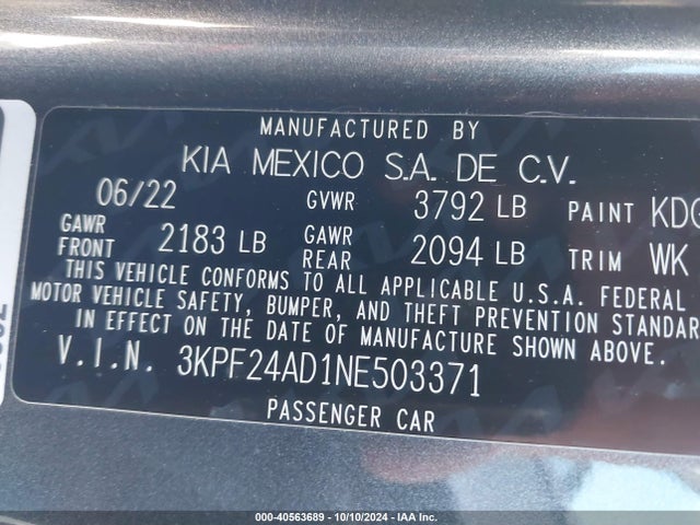 3KPF24AD1NE503371 KIA FORTE FE