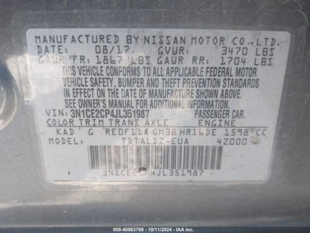 3N1CE2CP4JL351987 Nissan Versa Note Sv